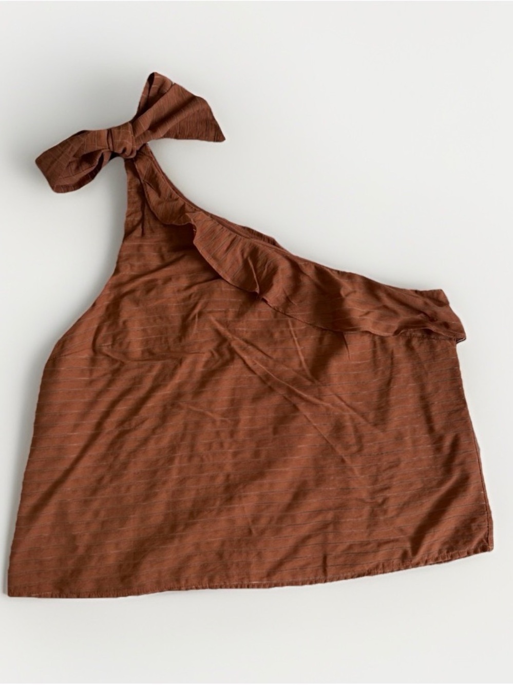 Terracotta Asymmetric Pinstripe Tied One Shoulder Ruffle Shirt Top XL Rust Boho